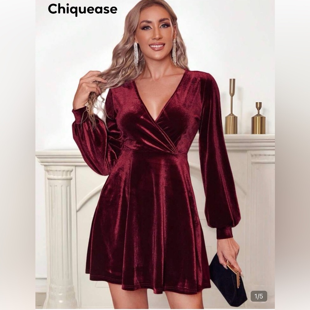 SHEIN Burgundy Velvet Long Sleeve Wrap Mini Dress